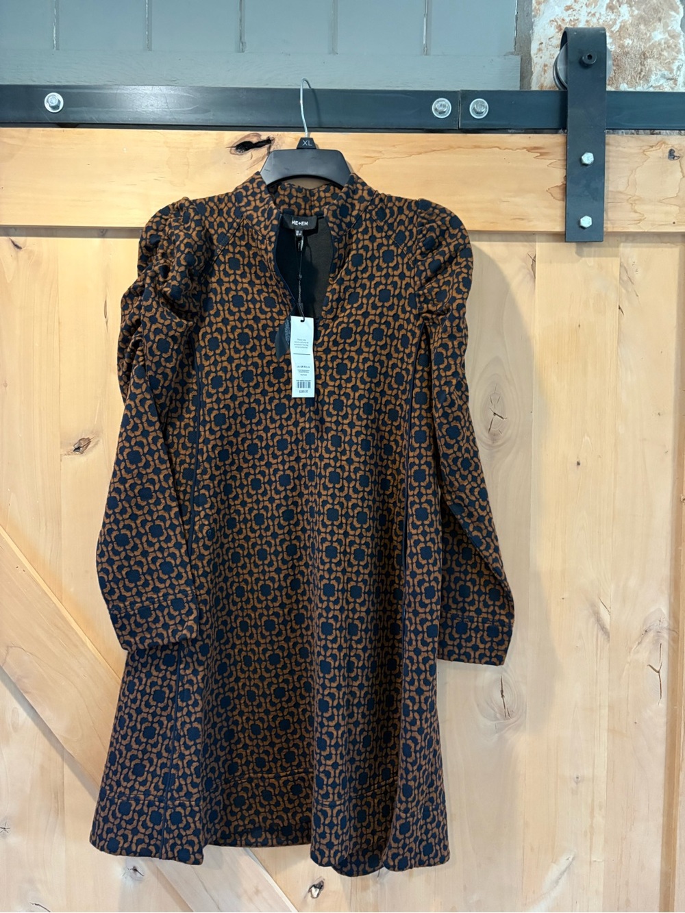 ME&EM: Women's Black and Brown Patterned Long-Sleeve Dress with zipper pockets